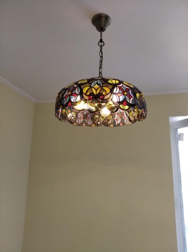 Люстра подвесная Тиффани 825-806-03 Velante разноцветная на 3 лампы, основание коричневое бронзовое в стиле тиффани орнамент цветы фото 3